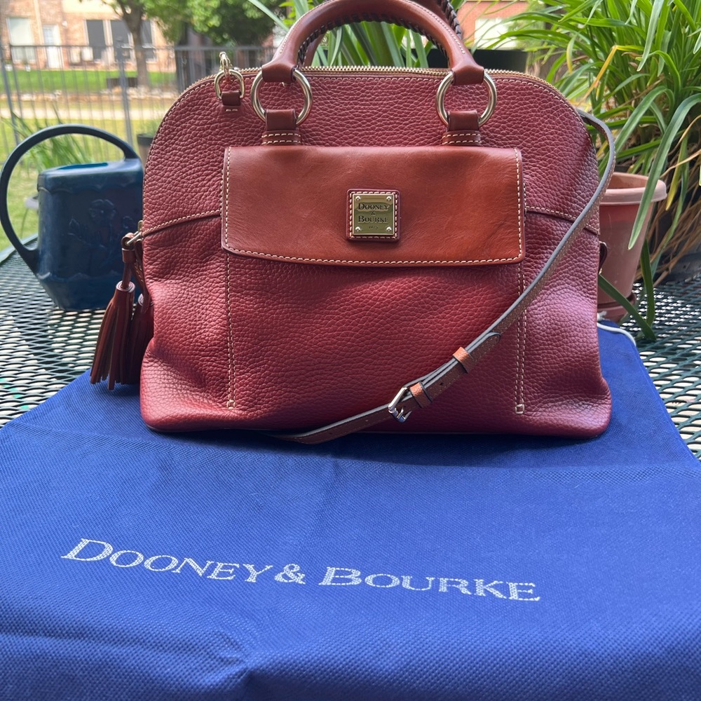 Dooney & Bourke Red Pebbled & Tan Vacchetta Leather Satchel w/shoulder strap-EUC
